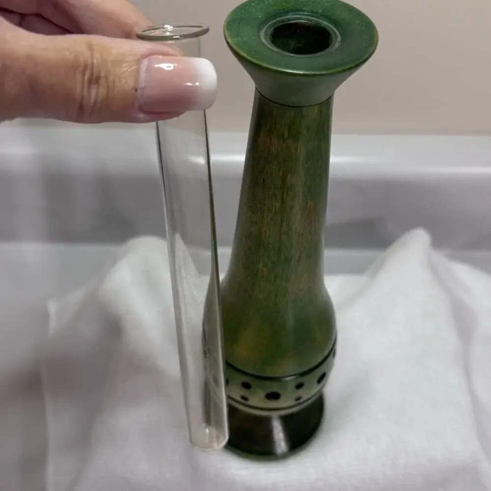 Vintage Hand-Turned Bud Vase Solid Maple Green Dye Signed GEW Glass Insert OOAK